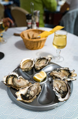 close up of delicious fresh oysters on the half shell with a glass of French white wine