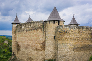 Fototapeta na wymiar Walls and tower of Khotyn Fortress in Ukraine