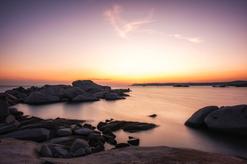 Fototapeta na wymiar Sunset from rocky coastline of Cavallo Island in Corsica