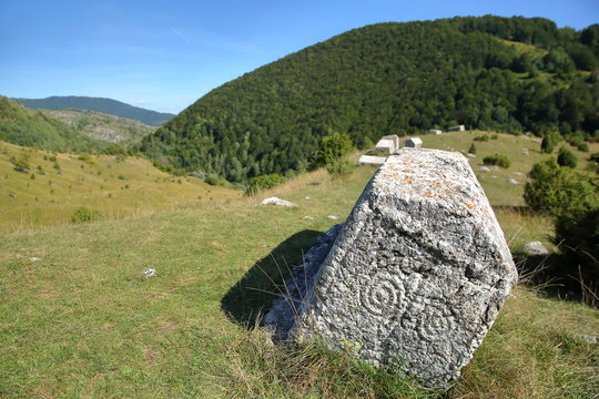 Stecak tombstones (decorated with symbolic motifs) located close to Umoljani village in the Bjelasnica mountains, Bosnia and Herzegovina