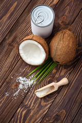 advertising of coconut oil with no label metal jar