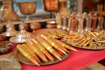 Close-up on bullet pens in Kazandziluk street, the famous coppersmith trading place located in...