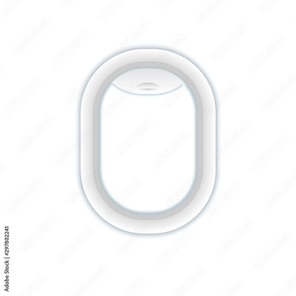 Poster airplane window inside view. vector porthole mock up with transparent glass. aircraft window templat
