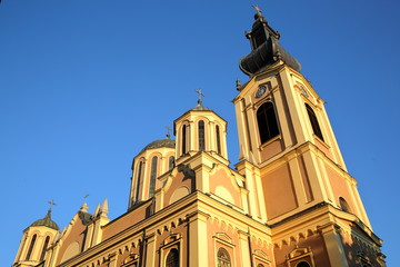 The top of the Orthodox Cathedral of the Nativity of the Theotokos, located in Trg Oslobodenja...
