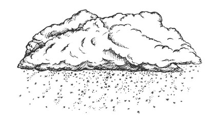 Cloud With Falling Snowflakes Monochrome Vector. Winter Season Sky Element Cloud With Snow. Cloudscape And Weather Engraving Concept Template Hand Drawn In Vintage Style Black And White Illustration