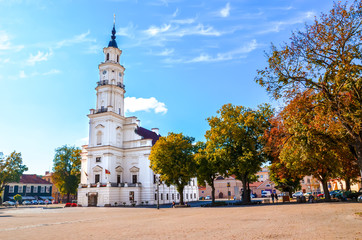 Town Hall on and adjacent Town Hall Square in Kaunas, Lithuania photographed in the autumn season with fall leaves. Second largest Lithuanian city, Baltic states, Baltics