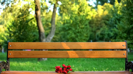 Red tulips bouquet park bench, love disappointment, broken heart, date failure