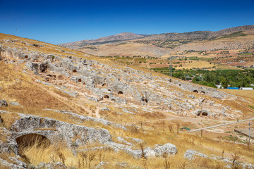 Aerial view of Pirin Ruins. Perre antik kenti, a small town of Commagene Kingdom later an important local center of the Roman Empire. Small town and necropolis. Adiyaman. Turkey