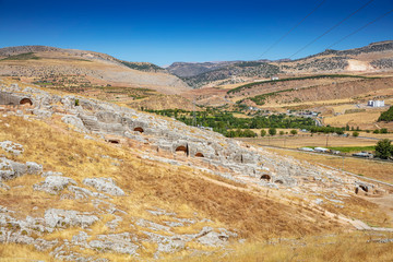 Aerial view of Pirin Ruins. Perre antik kenti, a small town of Commagene Kingdom later an important local center of the Roman Empire. Small town and necropolis. Adiyaman. Turkey