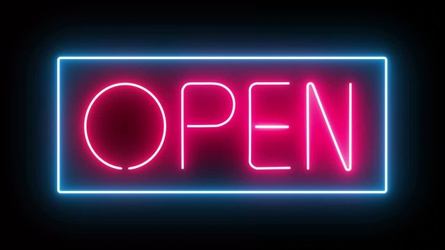 A Illuminated Neon Open Sign Animated On A Black Background. Seamless Loop