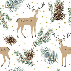 Christmas seamless pattern, white background. Forest cute deer animals, green fir, pine twigs, cones, stars. Vector illustration. Nature design. Season greeting. Winter Xmas holidays