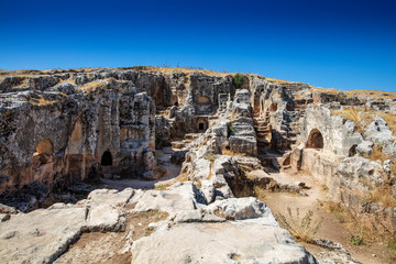 Fototapeta premium Aerial view of Pirin Ruins. Perre antik kenti, a small town of Commagene Kingdom later an important local center of the Roman Empire. Small town and necropolis. Adiyaman. Turkey
