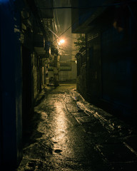 Filtered image empty and dangerous looking urban back-alley at night time in suburbs Hanoi