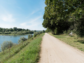 Fototapeta na wymiar Le Rhin à Weil-am-Rhein. Sentier de promeneurs longeant la rive du grand canal d'Alsace côté Allemagne et le Vieux Rhin jusqu'à la retenue de Märkt