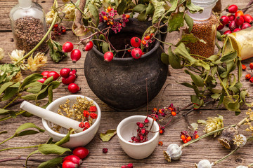Halloween concept background. Witch bowler, mistletoe, elderberry. Dry herbs, flowers, fresh berries