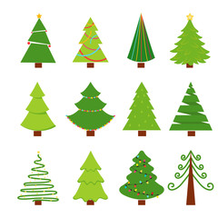 Christmas trees icon set. Vector illustration  isolated on white background. Flat style of icons for presents, invitation,holiday interior design