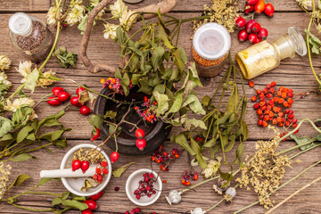 Halloween concept background. Witch bowler, mistletoe, elderberry. Dry herbs, flowers, fresh berries