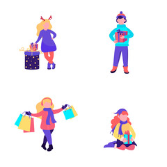 Happy girls and boy with Christmas gifts,  present boxes and purchases. Vector illustration for cards, banners, tags and labels, gifts from sale, discounts