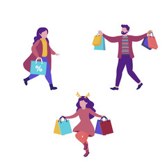 Womans and man set  with Christmas gift bags and presents box. Winter time. Christmas design template for greeting card, poster, banner