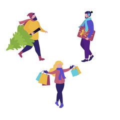 Woman and man set  with Christmas tree and gifts. Winter time. Christmas design template for greeting card, poster, banner