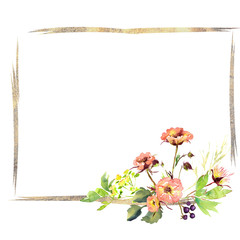 Wedding frame wreath bridal romanric rustic warm bouquet. Hand drawing watercolor pink and purple and orange flowers ornament