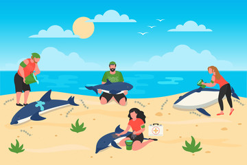 Fototapeta na wymiar Banner template with people saving dolphin cleaning ocean and shore. Cartoon vector illustration of volunteering for Social workers concept. Banner template
