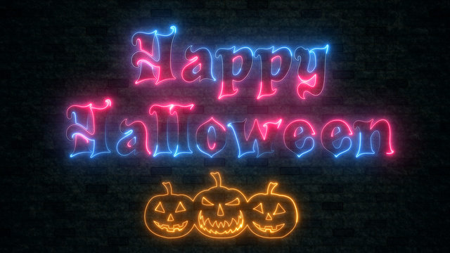 Neon Glow Happy Halloween Lettering Style With Orange Three Pumpkin Light On The Dark Brick Tiles Wall Texture Background