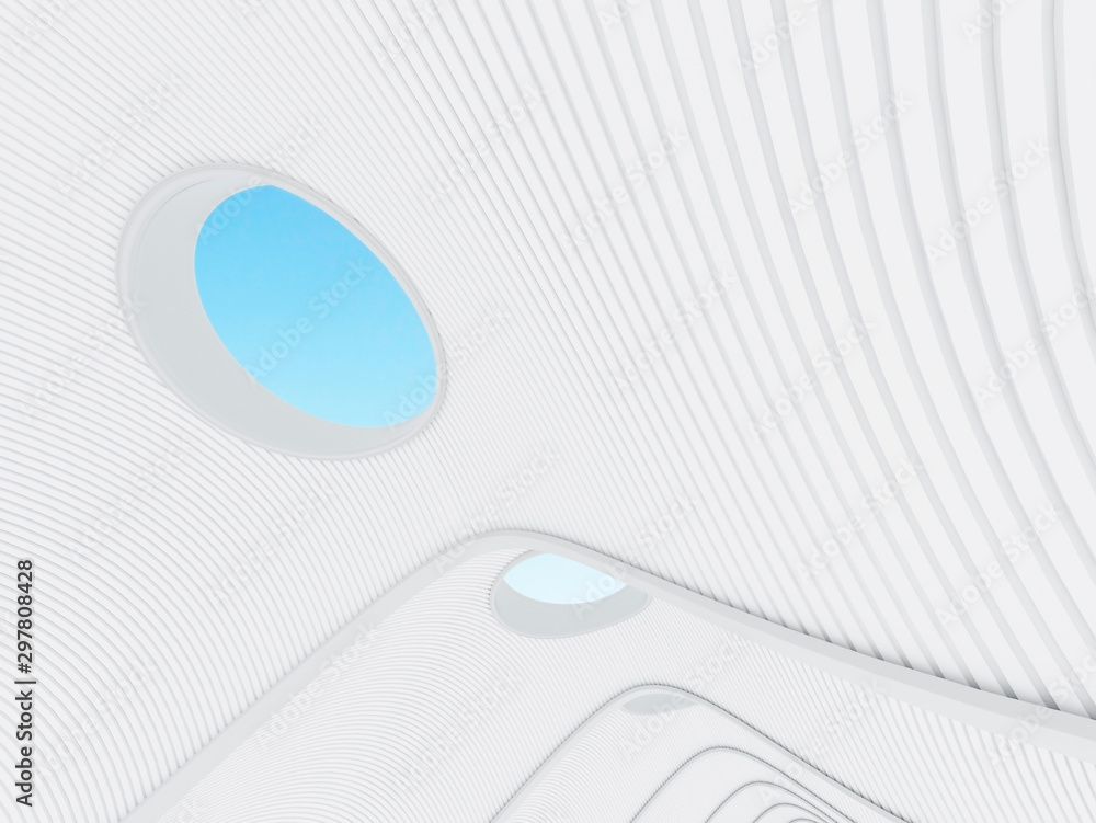 Fototapete abstract architectural structure,free form architecture,white building with void roof on blue sky, 3