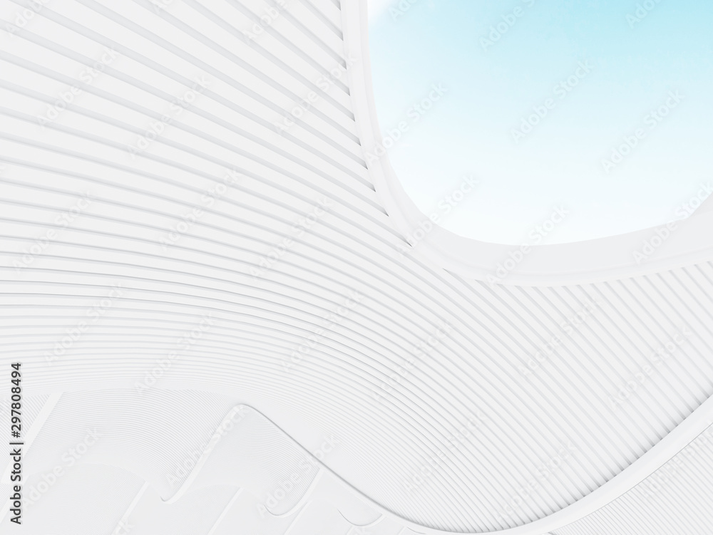Poster abstract architectural structure,free form architecture,white building with void roof on blue sky, 3
