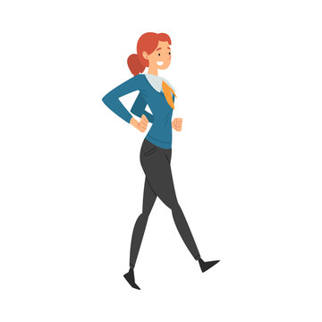 Woman in office clothes joyfully goes cartoon vector illustration