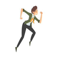 Woman in office clothes joyfully runs cartoon vector illustration