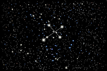 Vector illustration of the constellation Crux (Southern Cross) on a starry black sky background. The astronomical cluster of stars in the Southern Celestial Hemisphere - obrazy, fototapety, plakaty