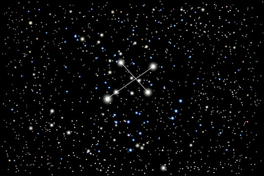 Vector illustration of the constellation Crux (Southern Cross) on a starry black sky background. The astronomical cluster of stars in the Southern Celestial Hemisphere