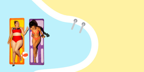 Top view of young caucasian model's resting on beach resort on blue and yellow background as an ocean and sand in bright swimsuit. Copyspace. Concept of summertime, party, chill, vacation, friendship