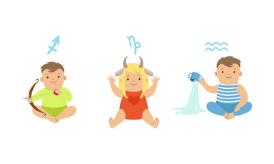 Cute Little Kids Wearing as Zodiac Signs Set, Sagittarius, Capricorn, Aquarius Vector Illustration