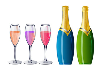A set of glasses for champagne and a set of bottles with a New Year's drink.
