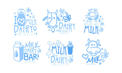 Natural Milk Dairy Products Logo Set, Milk Bar Hand Drawn Labels Vector Illustration