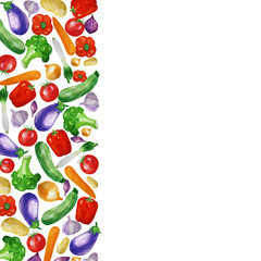Watercolor vegetables background with tomato, onion, paprika, aubergine and others.