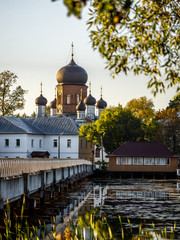 Vvedensky island monastery. Vladimir region. Dawn on the lake.