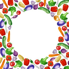 Watercolor vegetables frame with tomato, onion, paprika, aubergine and others.