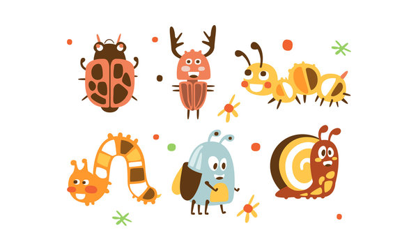 Cute Insects Set, Ladybug, Beetle, Deer, Caterpillar, Snail Childish Prints Vector Illustration