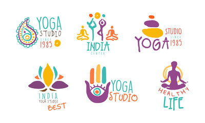 Yoga Studio Logo Set, Healthy Life Hand Drawn Labels Vector Illustration