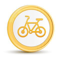 Bicycle icon gold round button golden coin shiny frame luxury concept abstract illustration isolated on white background