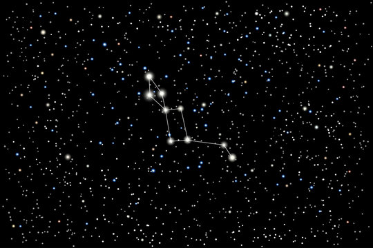 Vector illustration of the constellation Lacerta (Lizard) on a starry black sky background. The astronomical cluster of stars in the constellation in the northern celestial hemisphere. 