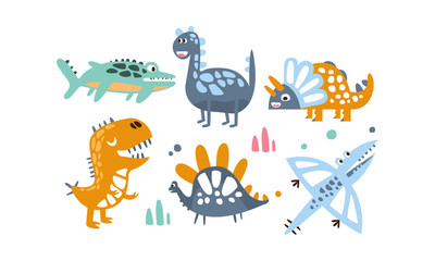 Cute Dinosaurs Set, Adorable Animals Colorful Childish Prints Vector Illustration