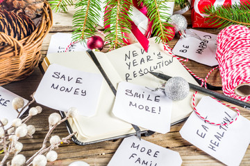 New year resolution concept with different plan and goals, with New year and Christmas decorations, copy space