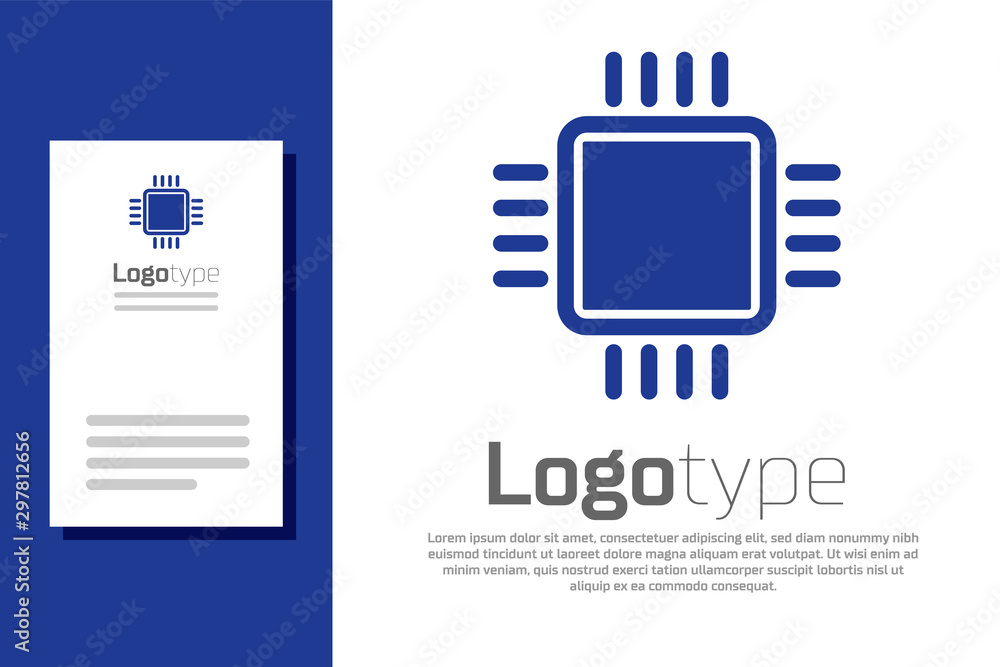 Poster Blue Computer processor with microcircuits CPU icon isolated on white background. Chip or cpu with circuit board sign. Micro processor. Logo design template element. Vector Illustration