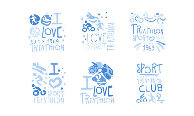 Triathlon Club Logo Set, I Love Sport Retro Hand Drawn Labels Vector Illustration