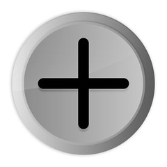 Plus icon metal silver round button metallic design circle isolated on white background black and white concept illustration