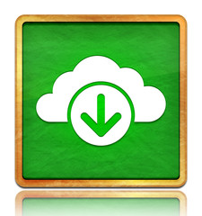 Cloud download icon chalk board green square button slate texture wooden frame concept isolated on white background with shadow reflection